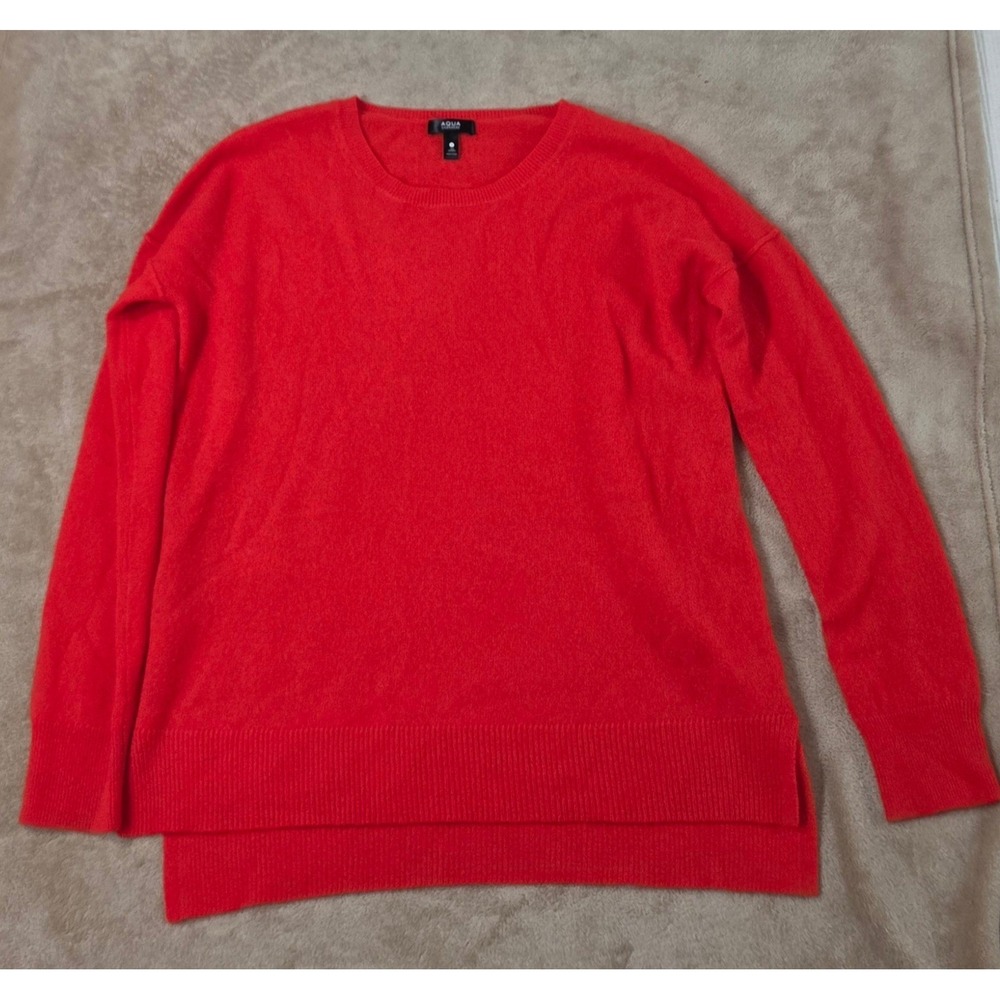 Aqua Cashmere Red Sweater Womens L 100% Cashmere Pullover Crew Neck High-Low